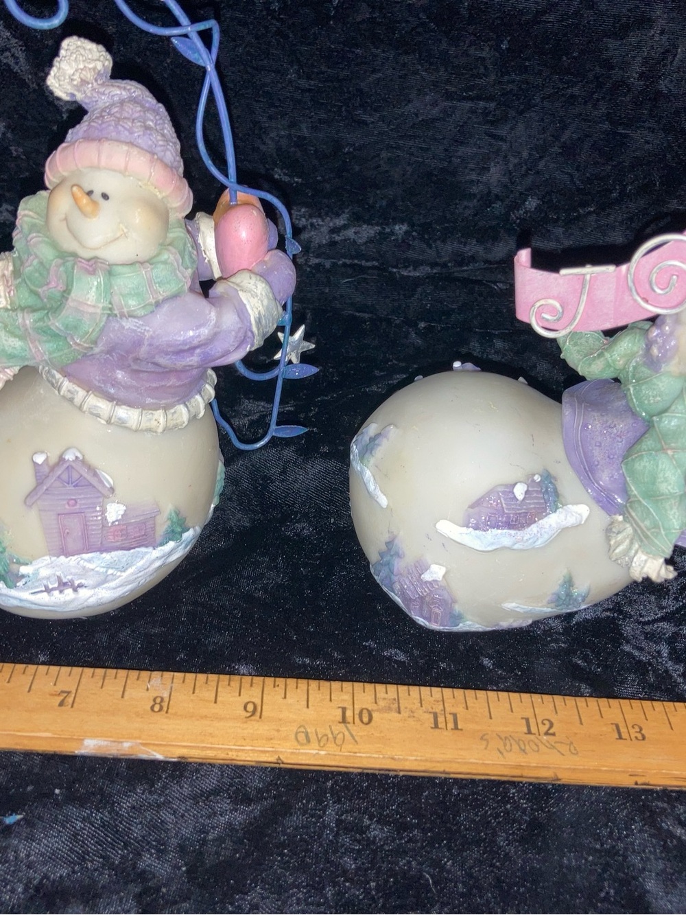 Home Interiors Pastel Purple & Cream Snowman Pair Holiday Figurines